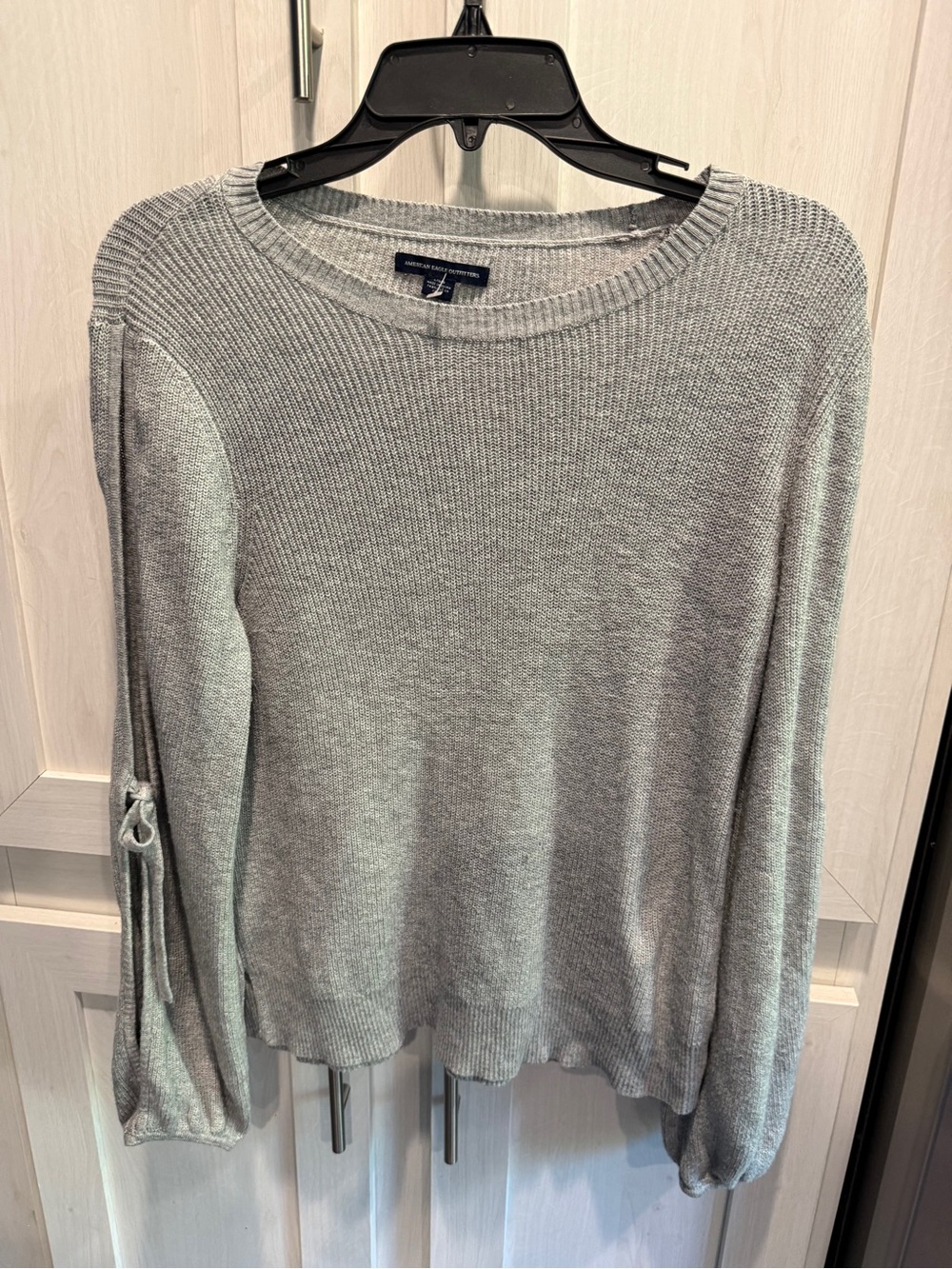 American Eagle Outfitters Light Gray Crewneck Sweater with Tie Sleeve